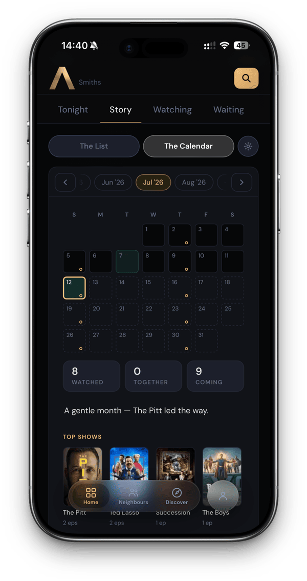 Story calendar view for July 2026