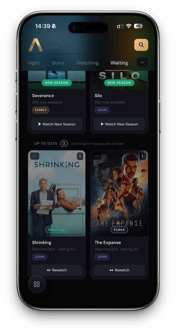 Waiting tab showing shows between seasons